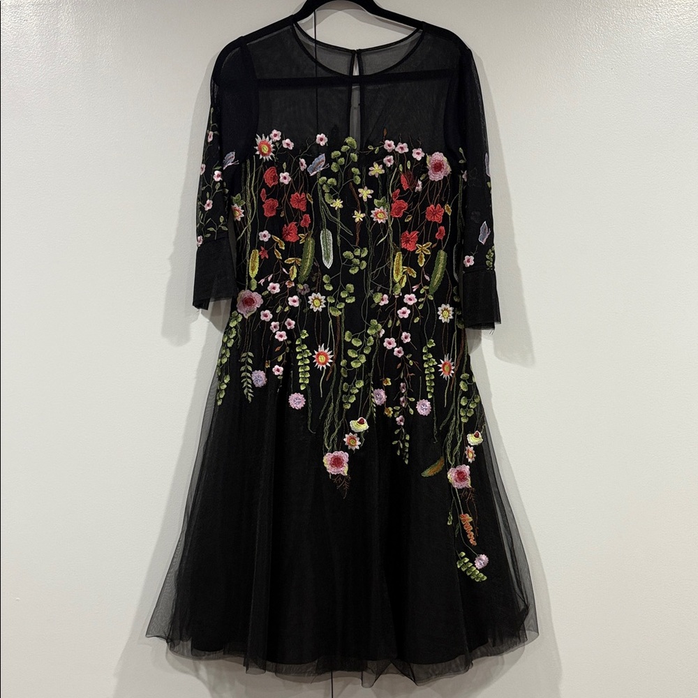 Teri Jon Black Dress with Colorful Floral Embroidery